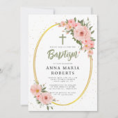 ピンクの花グリーンガールバプテスマ 招待状 (正面)