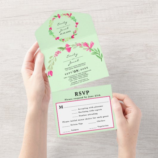 ピンクの花グリーン シンプル ウェディング RSVP オールインワン招待状 (貼ってはがせる)