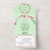 ピンクの花グリーン シンプル ウェディング RSVP オールインワン招待状 (内側)