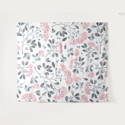 ピンクの花グレイの葉柄のガーリーデザイン タペストリー (正面(横))