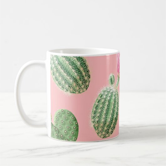 ピンクの花サボテンの光の背景 コーヒーマグカップ (左)
