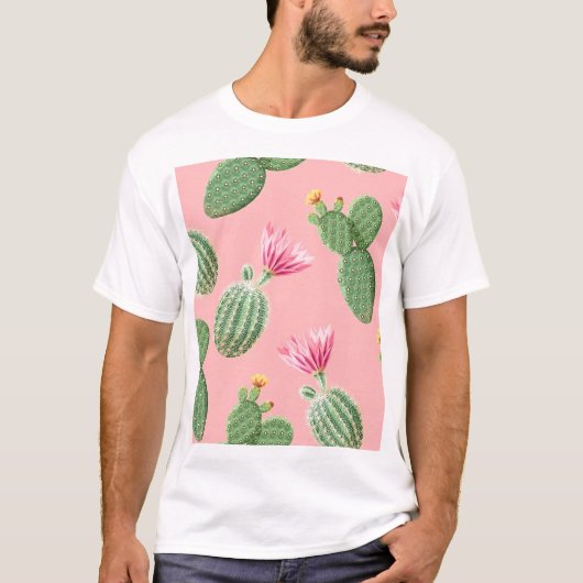 ピンクの花サボテンの光の背景 Tシャツ (正面)