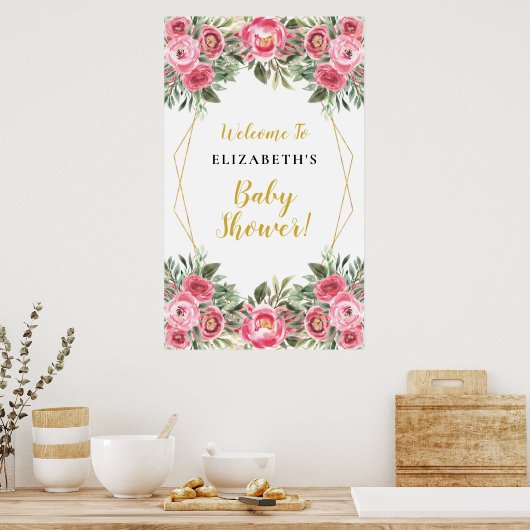 ピンクの花ジオメトリフレームベビーシャワー記号 ポスター (キッチン)