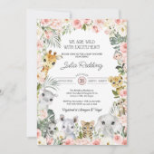 ピンクの花ジャングルサファリ動物ベビーシャワー 招待状 (正面)