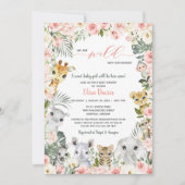 ピンクの花ジャングルサファリ動物ベビーシャワー 招待状 (正面)