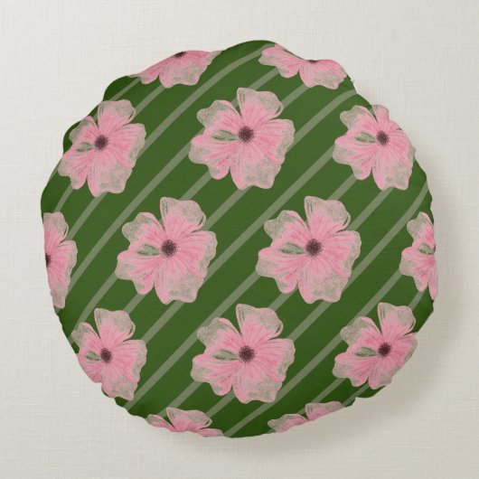 ピンクの花ストライプとパーソナライズされた円枕 ラウンドクッション (裏面)