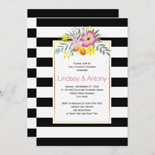 ピンクの花ストライプと結婚カップルのシャワー 招待状 (正面/裏面)