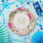 ピンクの花セージ緑の葉イニシャルモノグラム ペーパープレート (パーティー)