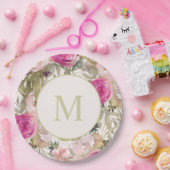ピンクの花セージ緑の葉イニシャルモノグラム ペーパープレート (パーティー)