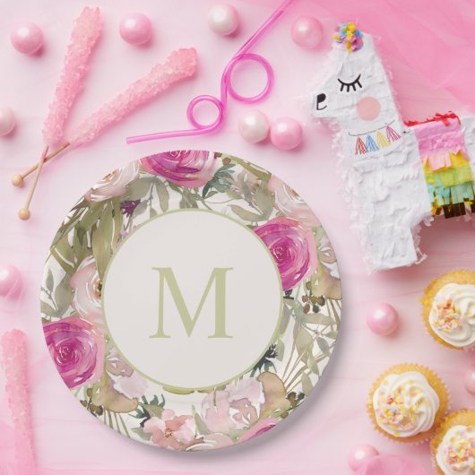 ピンクの花セージ緑の葉イニシャルモノグラム ペーパープレート (パーティー)