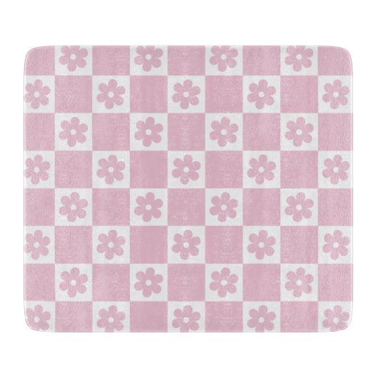 ピンクの花チェック模様 カッティングボード (正面)