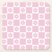 ピンクの花チェック模様 スクエアペーパーコースター (正面)