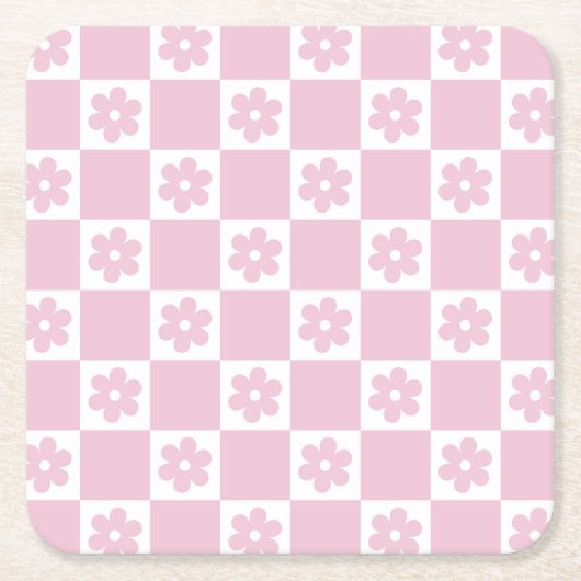ピンクの花チェック模様 スクエアペーパーコースター (正面)