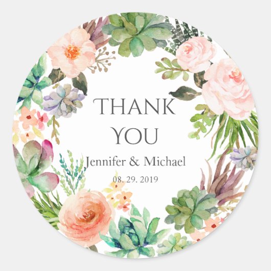 ピンクの花ティール(緑がかった色)緑多肉性サボテン結婚ズ ラウンドシール (正面)