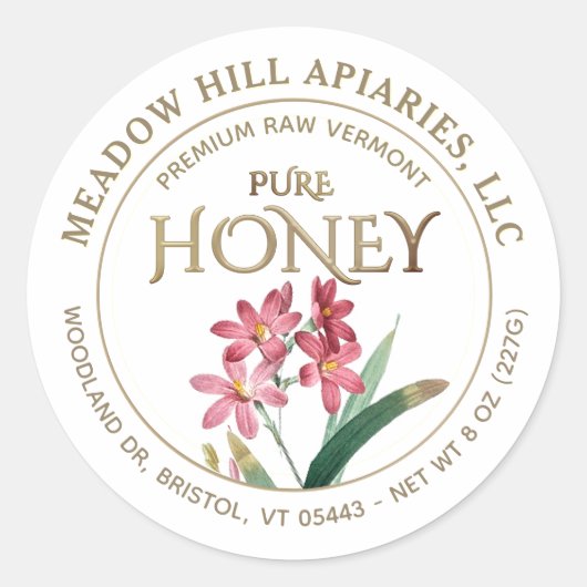 ピンクの花ハニーラベル金ゴールド(白) ラウンドシール (正面)