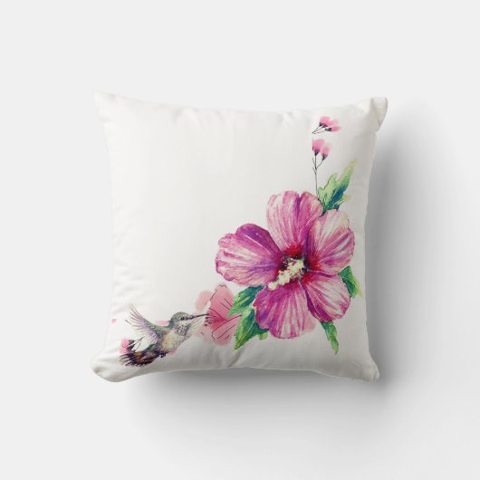 ピンクの花ハミングバード装飾水色 クッション (正面)