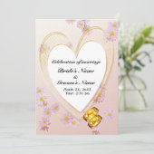ピンクの花ハートフレームと金ゴールドリングや輪結婚ズ 招待状 (スタンド正面)