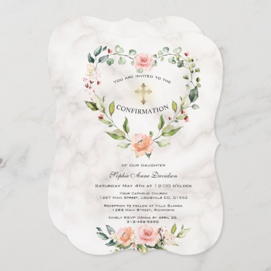 ピンクの花ハートフレーム大理石ガール確認 招待状 (正面/裏面)