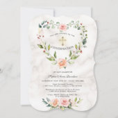 ピンクの花ハートフレーム大理石ガール確認 招待状 (正面)