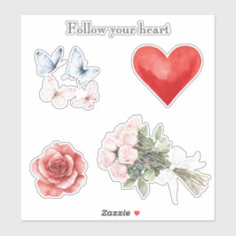 ピンクの花ハート蝶バラ シール