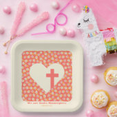 ピンクの花ハート&クリスチャンクロス女性 ペーパープレート (パーティー)