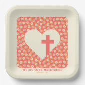 ピンクの花ハート&クリスチャンクロス女性 ペーパープレート (正面)