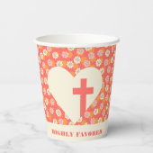 ピンクの花ハート&クロスウィメンズクリスチャン 紙コップ (裏面)