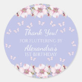 ピンクの花バタフライ1st誕生日ありがとう ラウンドシール (正面)