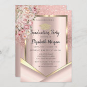 ピンクの花バラ金ゴールドグリッター卒業 招待状 (正面/裏面)