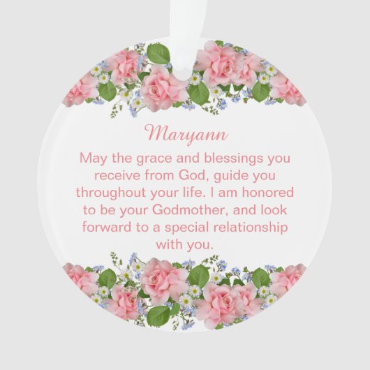 ピンクの花パーソナライズされたの女神バプテスマ オーナメント (正面)