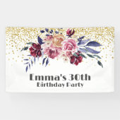 ピンクの花パーティー、エレガント誕生日バナー 横断幕 (横)