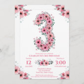 ピンクの花ビッグサードバースデーガールグリーンリーフ 招待状 (正面/裏面)