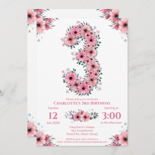 ピンクの花ビッグサードバースデーガールグリーンリーフ 招待状 (正面/裏面)