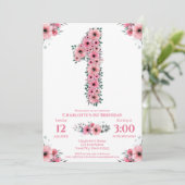 ピンクの花ビッグバースデーガールグリーン葉 招待状 (スタンド正面)