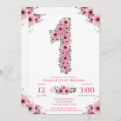 ピンクの花ビッグバースデーガールグリーン葉 招待状 (正面/裏面)