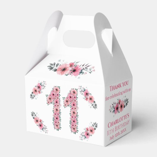 ピンクの花ビッグ11誕生日ガールグリーン葉 フェイバーボックス (裏面サイド)