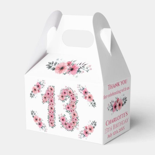 ピンクの花ビッグ13誕生日ガールグリーン葉 フェイバーボックス (正面サイド)