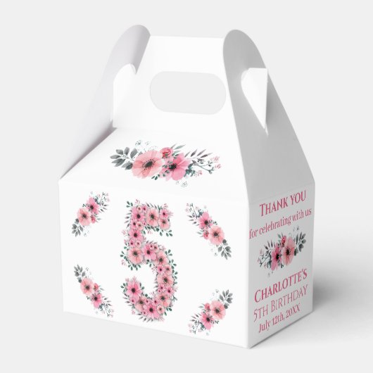 ピンクの花ビッグ5誕生日ガールグリーン葉 フェイバーボックス (正面サイド)