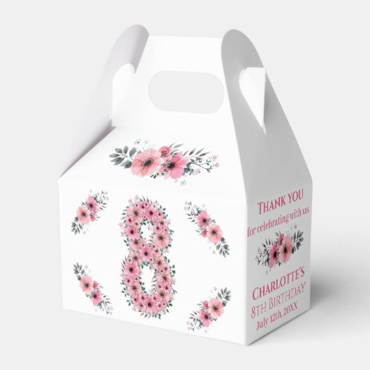 ピンクの花ビッグ8誕生日ガールグリーン葉 フェイバーボックス (正面サイド)