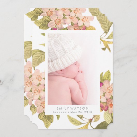 ピンクの花フォトカード誕生のお知らせ 案内状 (正面/裏面)