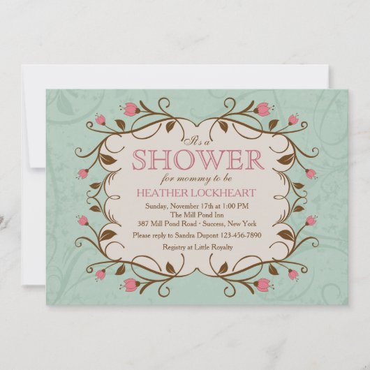 ピンクの花フレームの招待状 招待状 (正面)