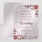 ピンクの花フレームの結婚式招待状 招待状 (正面/裏面)