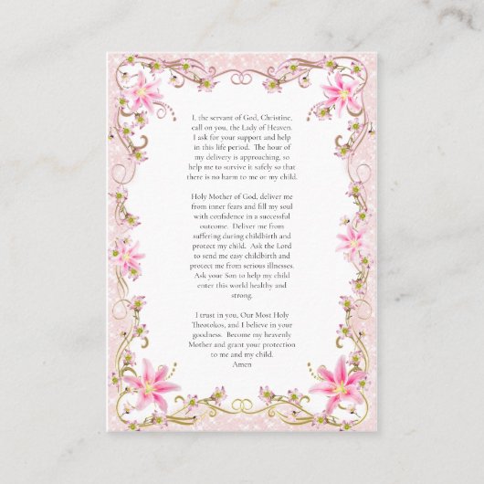 ピンクの花フレーム正教会の妊娠祈りの言葉カード プレイスカード (正面)