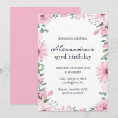 ピンクの花フレーム 93歳の誕生日 招待状 (正面/裏面)