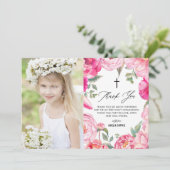 ピンクの花フローラフレーム最初の聖餐式 サンキューカード (スタンド正面)