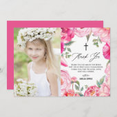 ピンクの花フローラフレーム最初の聖餐式 サンキューカード (正面/裏面)