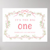 ピンクの花フローラフレーム1歳の誕生日 ポスター (正面)