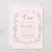 ピンクの花フローラフレーム1歳の誕生日 招待状 (正面)