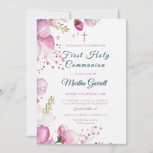 ピンクの花フローラ娘ファースト聖餐式 招待状 (正面)