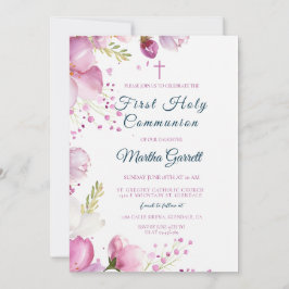 ピンクの花フローラ娘ファースト聖餐式 招待状